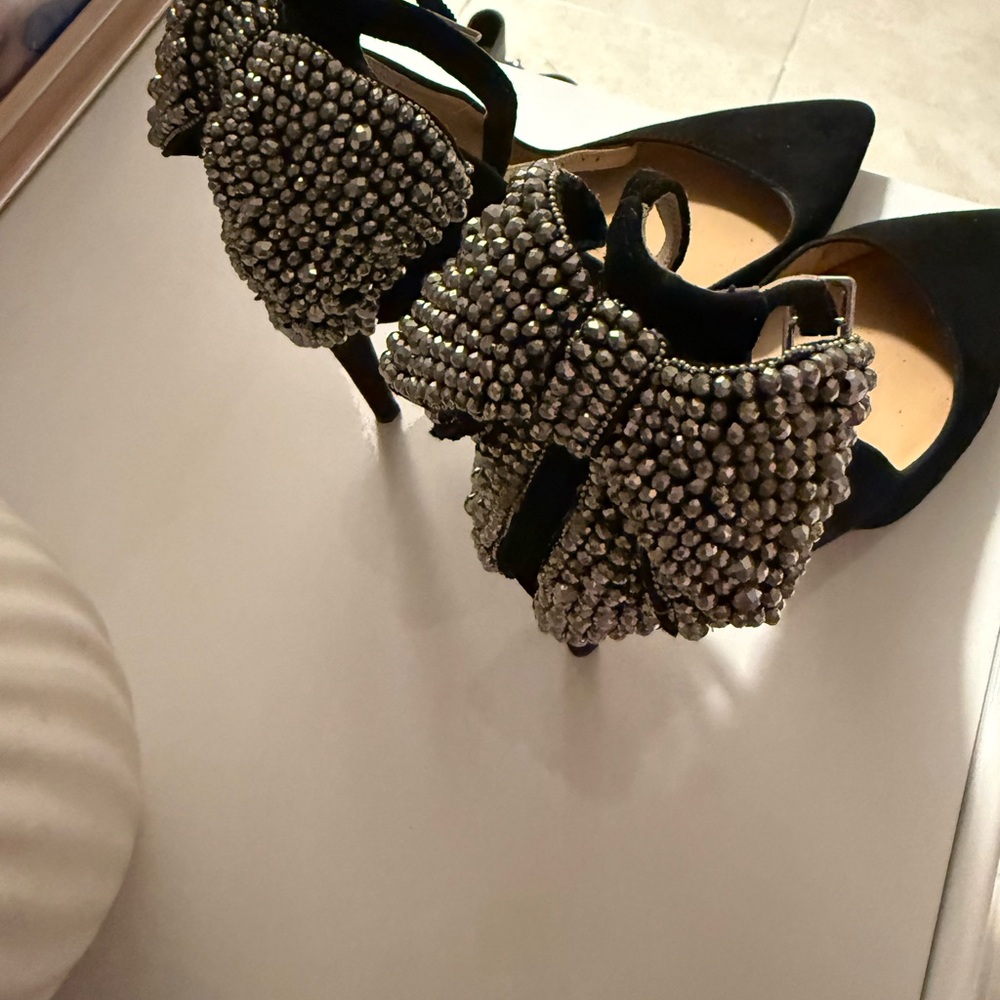INC International Concepts Black Pointed Toe Embellished Ankle Strap Heels